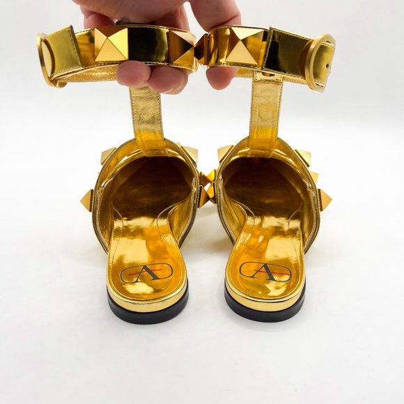 Valentino Garavani Roman Stud Metallic Gold Leather Ballerina Ankle-Strap Flats - Picture 5 of 10